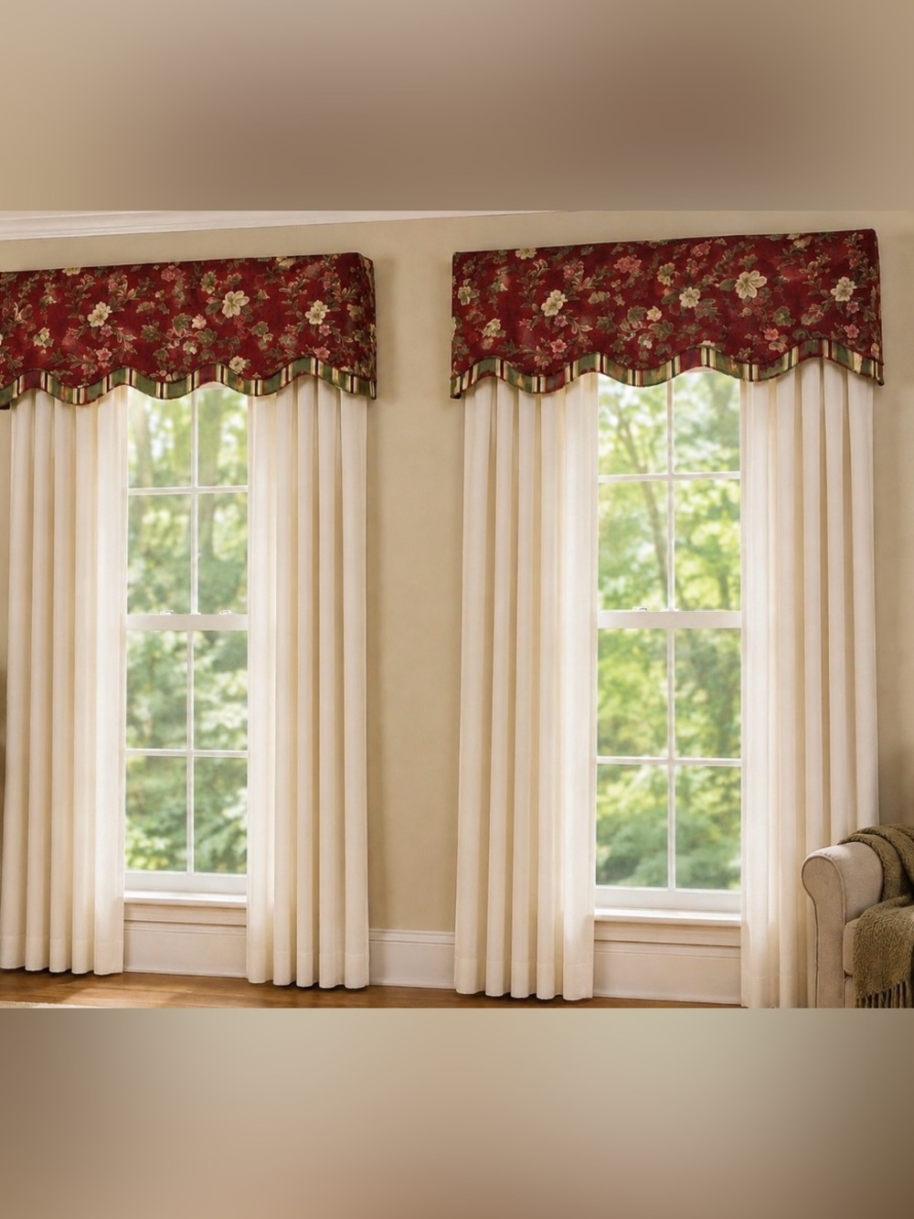 Vintage Waverly Chantilly Red Floral Valance Set